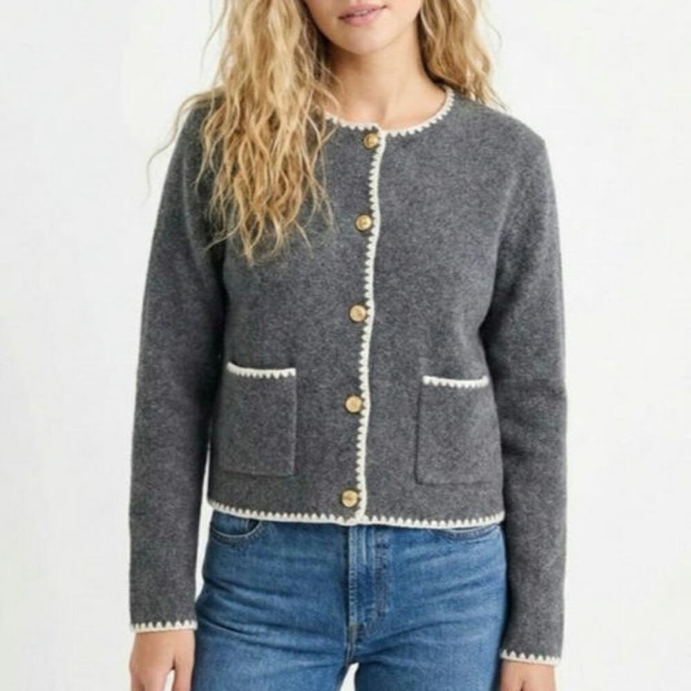 Song of Style Knit Cardigan Gray Button Front Scalloped Trim XL Sweater Cozy